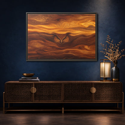 Mockup 4. Animals Owl Brown Wood Owl shown as stretched canvas wall art
