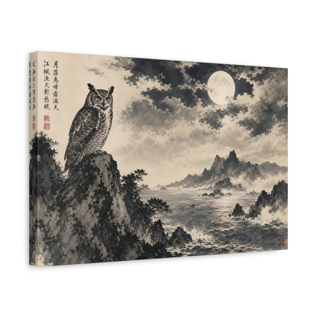 Side Mockup 4. Animals Owl Monochrome Owl shown as stretched canvas wall art