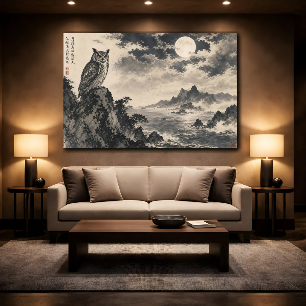 Mockup 2. Animals Owl Monochrome Owl shown as stretched canvas wall art