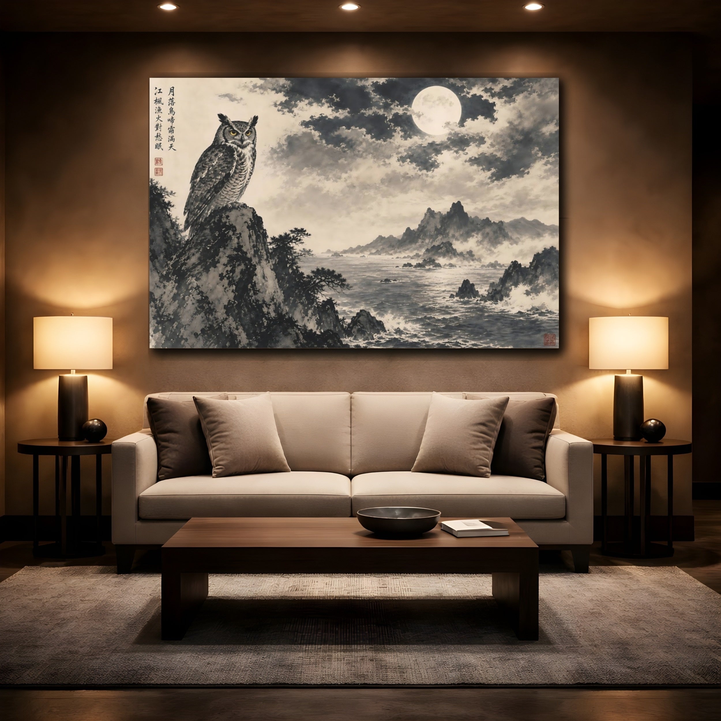 Mockup 2. Animals Owl Monochrome Owl shown as stretched canvas wall art