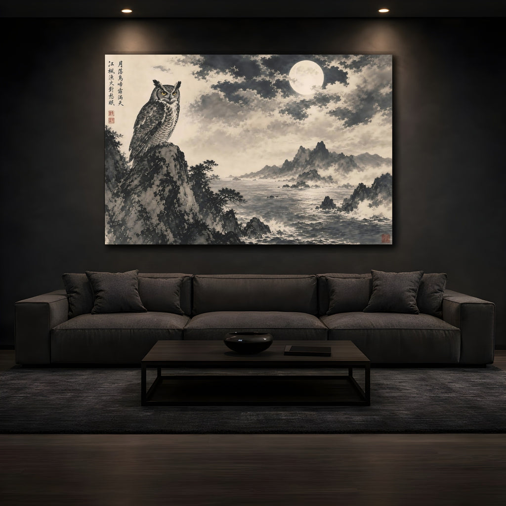 Mockup 3. Animals Owl Monochrome Owl shown as stretched canvas wall art