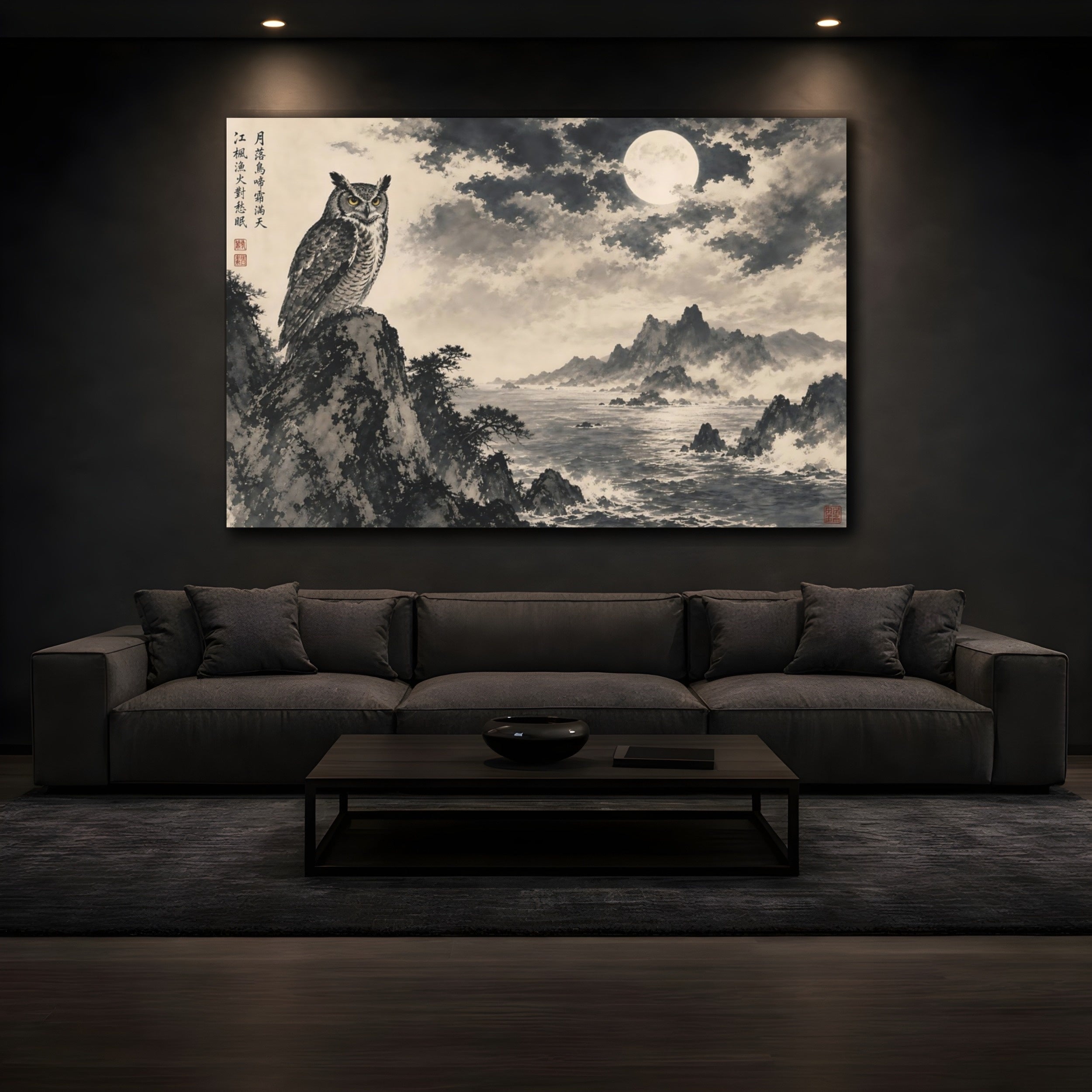 Mockup 3. Animals Owl Monochrome Owl shown as stretched canvas wall art