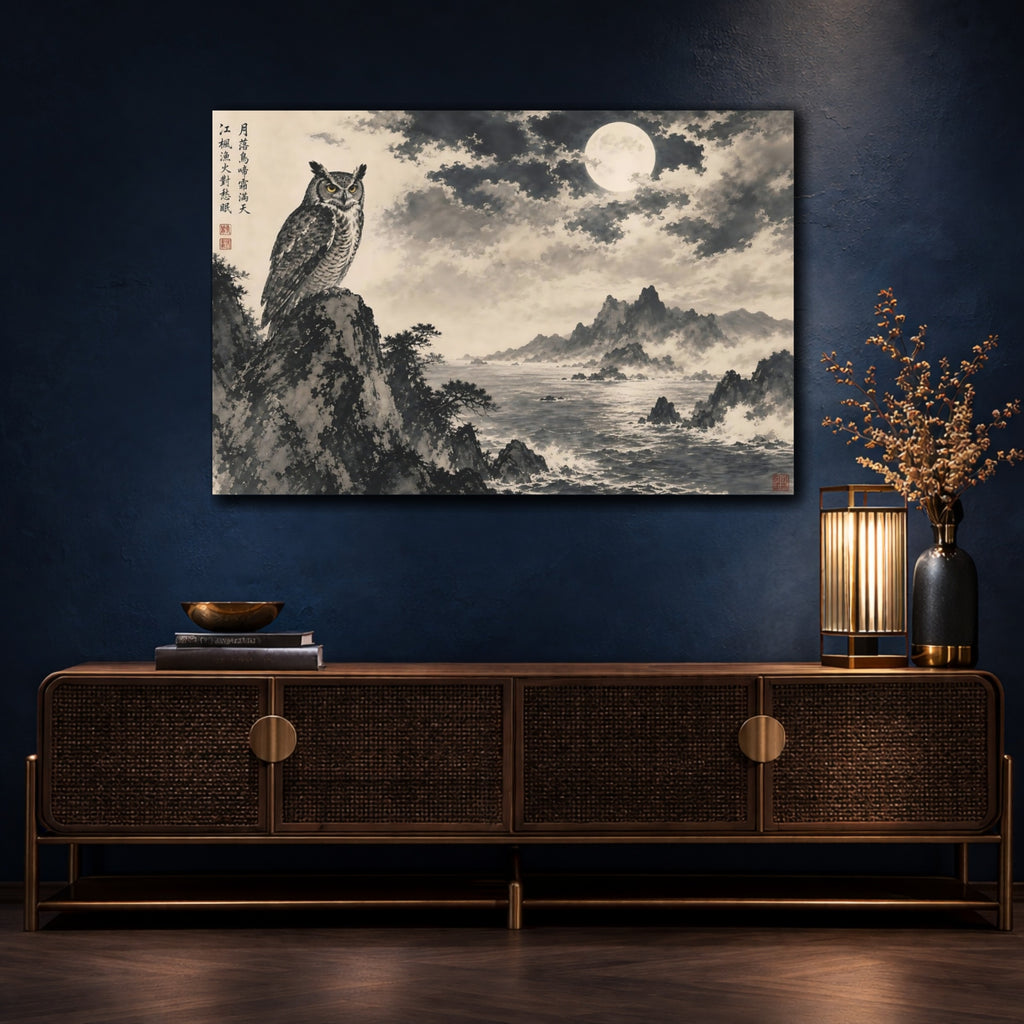 Mockup 4. Animals Owl Monochrome Owl shown as stretched canvas wall art