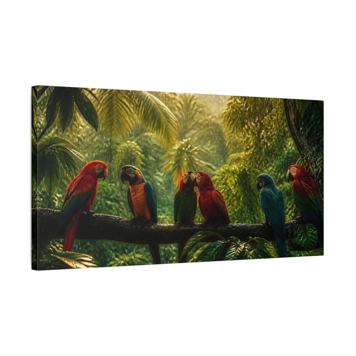 Side Mockup 1. Animals Parrots Colorful Parrots shown as stretched canvas wall art