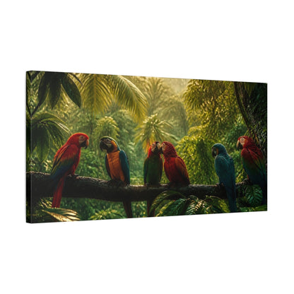 Side Mockup 1. Animals Parrots Colorful Parrots shown as stretched canvas wall art
