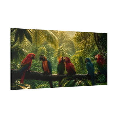 Side Mockup 2. Animals Parrots Colorful Parrots shown as stretched canvas wall art