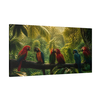 Main Mockup. Animals Parrots Colorful Parrots shown as stretched canvas wall art
