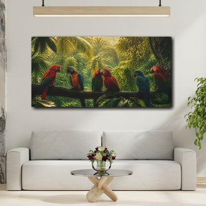 Mockup 2. Animals Parrots Colorful Parrots shown as stretched canvas wall art