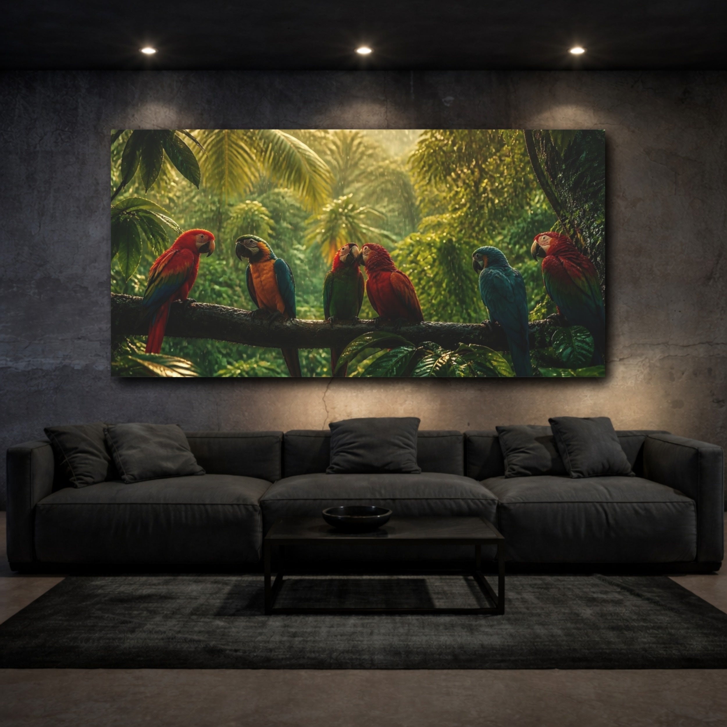 Mockup 3. Animals Parrots Colorful Parrots shown as stretched canvas wall art