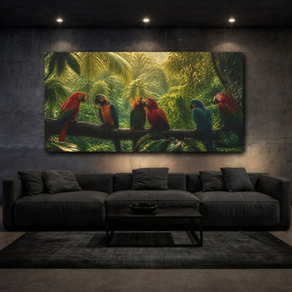 Mockup 3. Animals Parrots Colorful Parrots shown as stretched canvas wall art