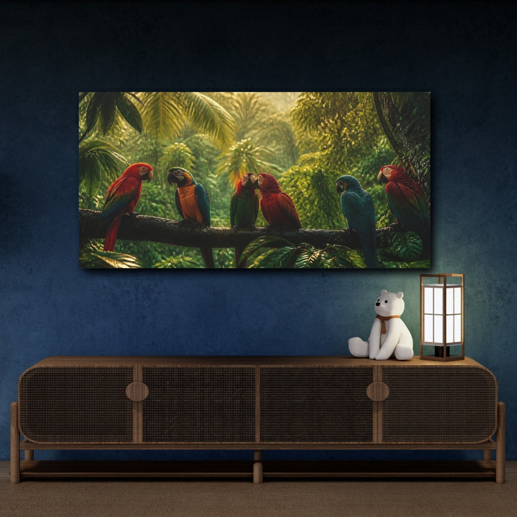 Mockup 4. Animals Parrots Colorful Parrots shown as stretched canvas wall art
