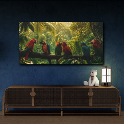Mockup 4. Animals Parrots Colorful Parrots shown as stretched canvas wall art