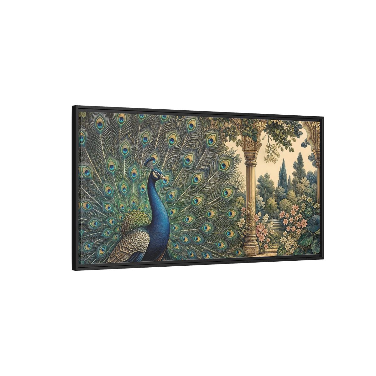 Side Mockup 5. Animals Peacock Blue Peacock Garden shown as stretched canvas wall art