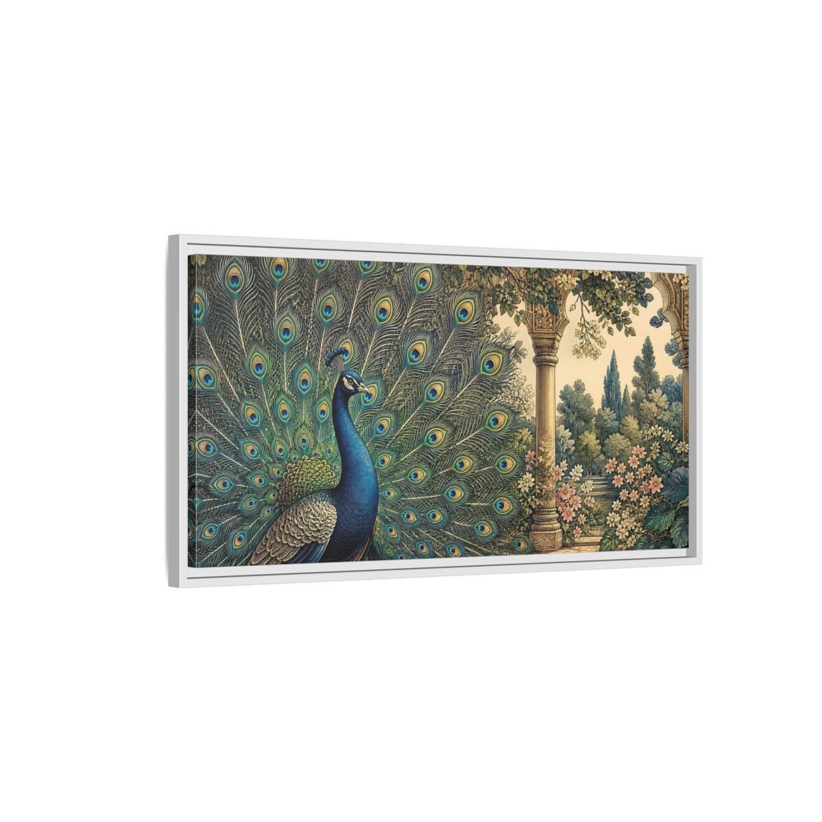 Side Mockup 1. Animals Peacock Blue Peacock Garden shown as stretched canvas wall art