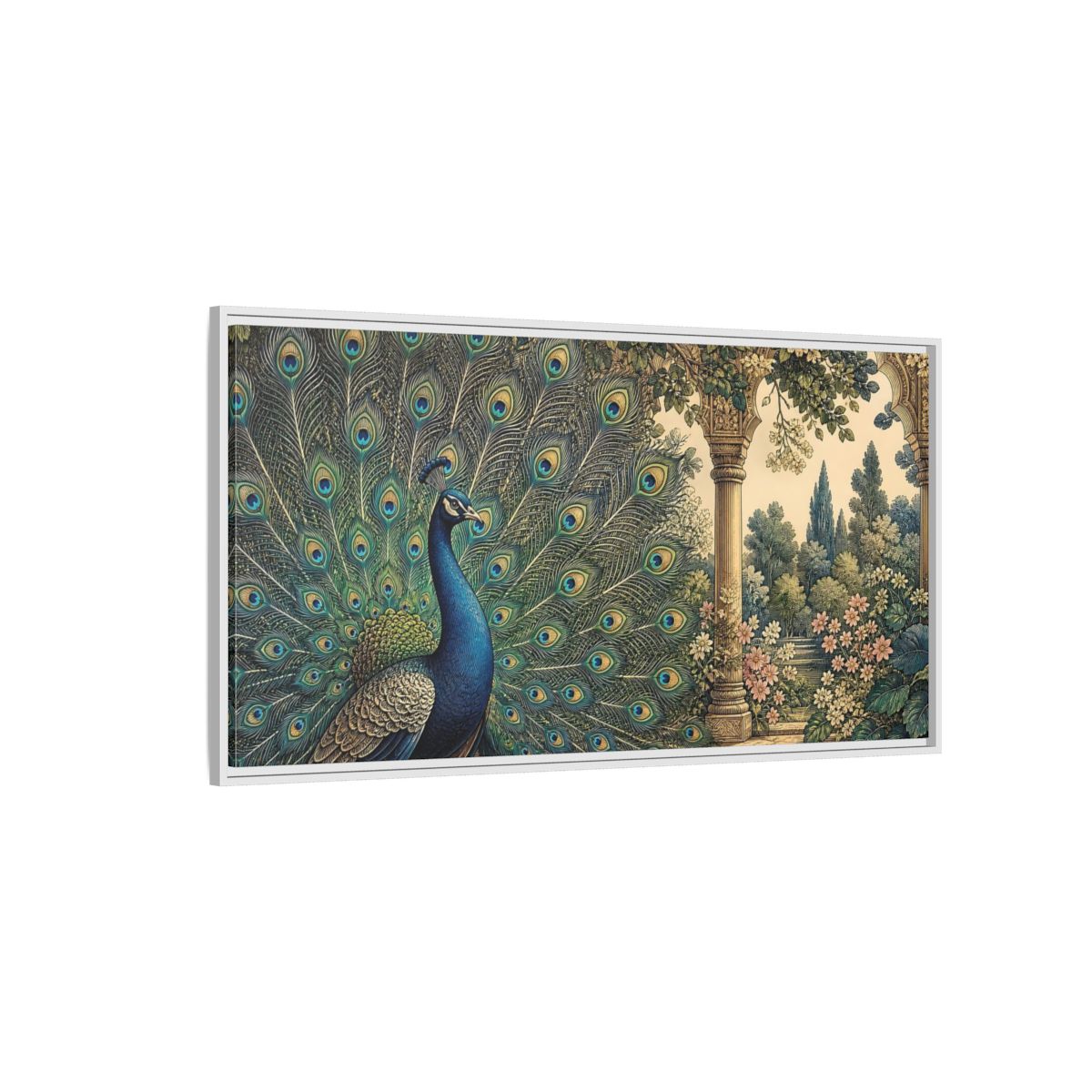Side Mockup 3. Animals Peacock Blue Peacock Garden shown as stretched canvas wall art