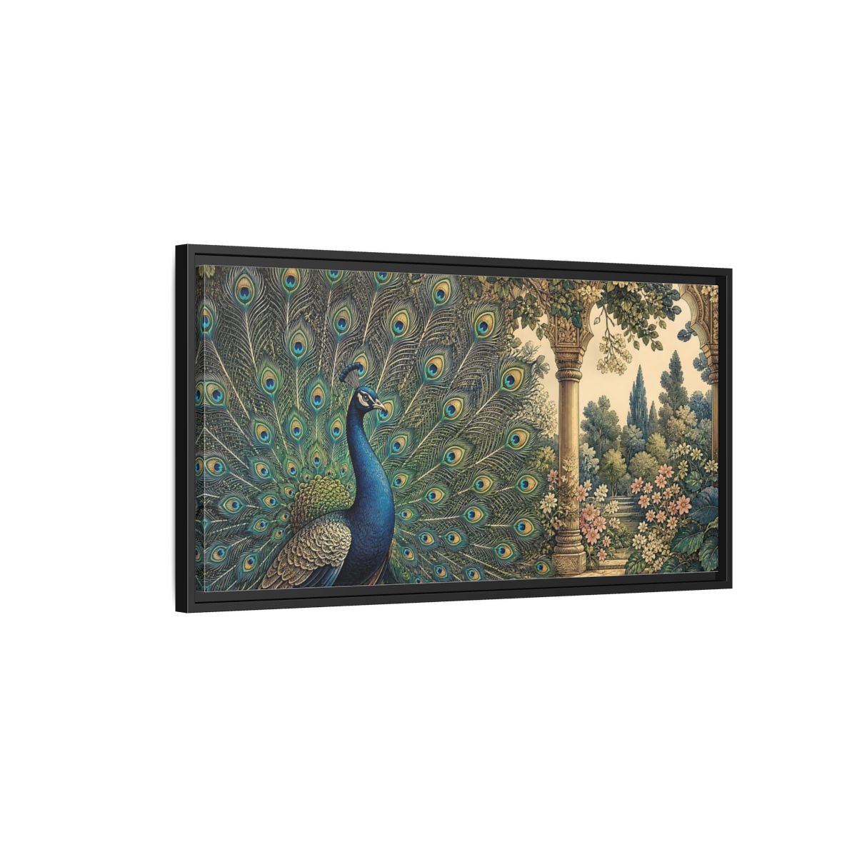 Side Mockup 2. Animals Peacock Blue Peacock Garden shown as stretched canvas wall art