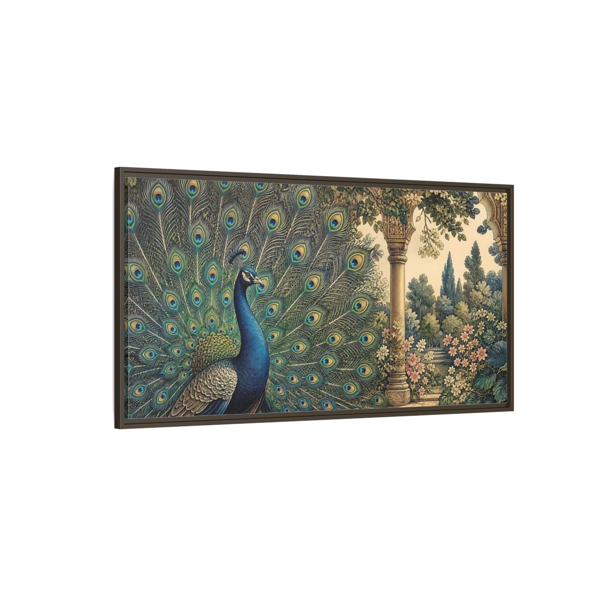 Side Mockup 4. Animals Peacock Blue Peacock Garden shown as stretched canvas wall art