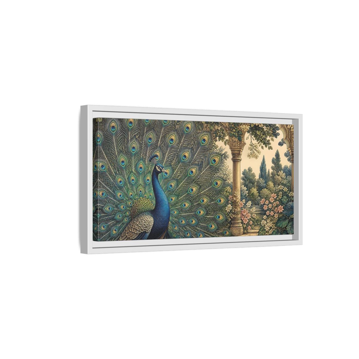 Side Mockup 6. Animals Peacock Blue Peacock Garden shown as stretched canvas wall art