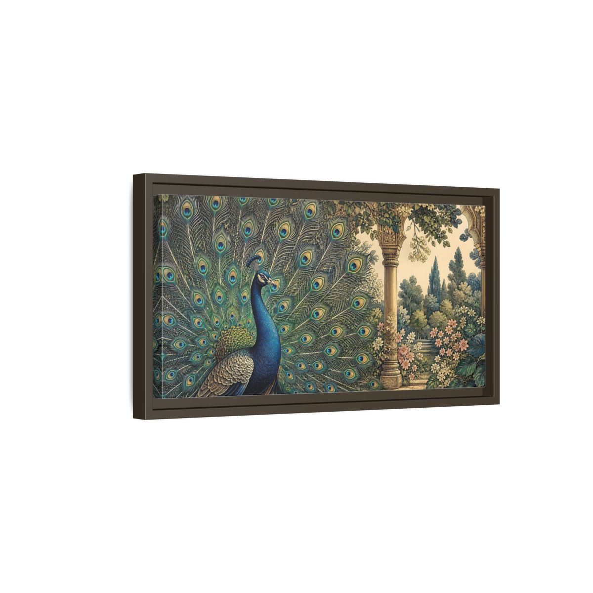 Side Mockup 7. Animals Peacock Blue Peacock Garden shown as stretched canvas wall art