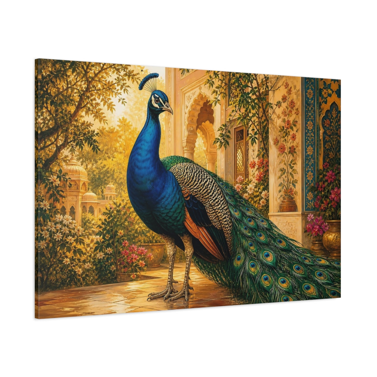 Side Mockup 1. Animals Peacock Blue Peacock Golden shown as stretched canvas wall art