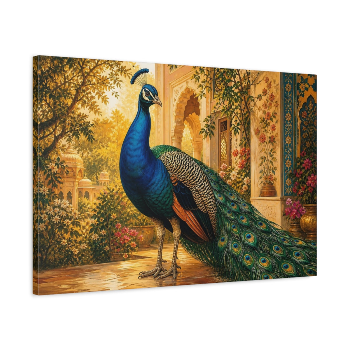 Side Mockup 2. Animals Peacock Blue Peacock Golden shown as stretched canvas wall art
