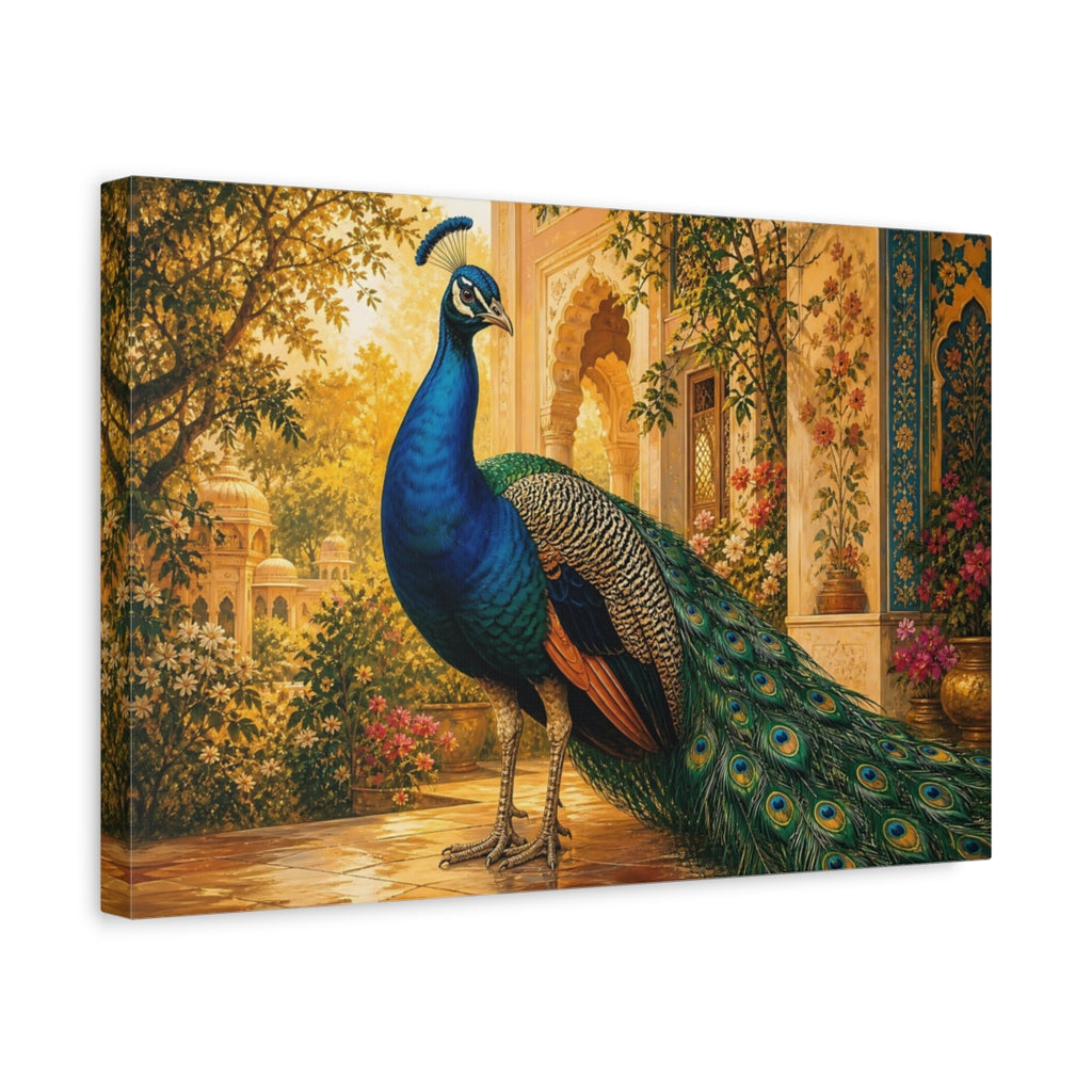 Side Mockup 4. Animals Peacock Blue Peacock Golden shown as stretched canvas wall art