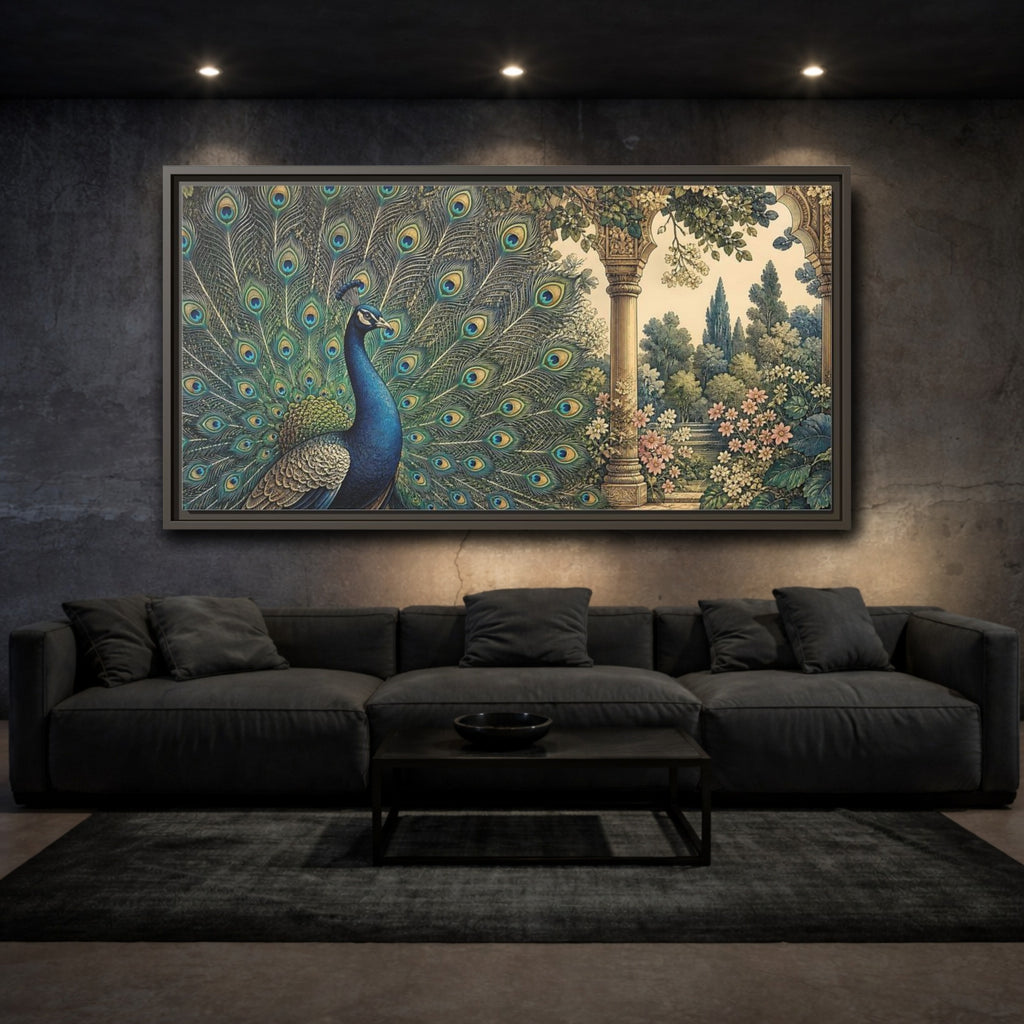 Mockup 3. Animals Peacock Blue Peacock Garden shown as stretched canvas wall art