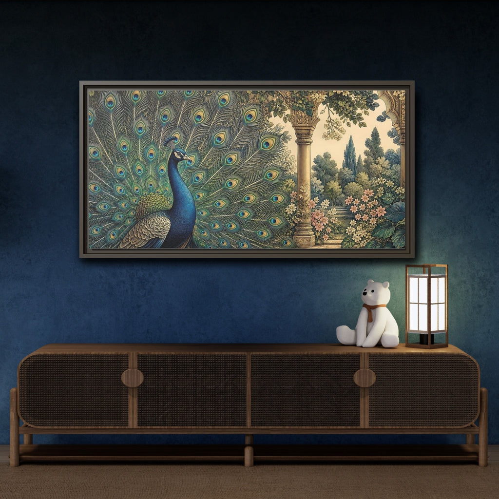 Mockup 4. Animals Peacock Blue Peacock Garden shown as stretched canvas wall art