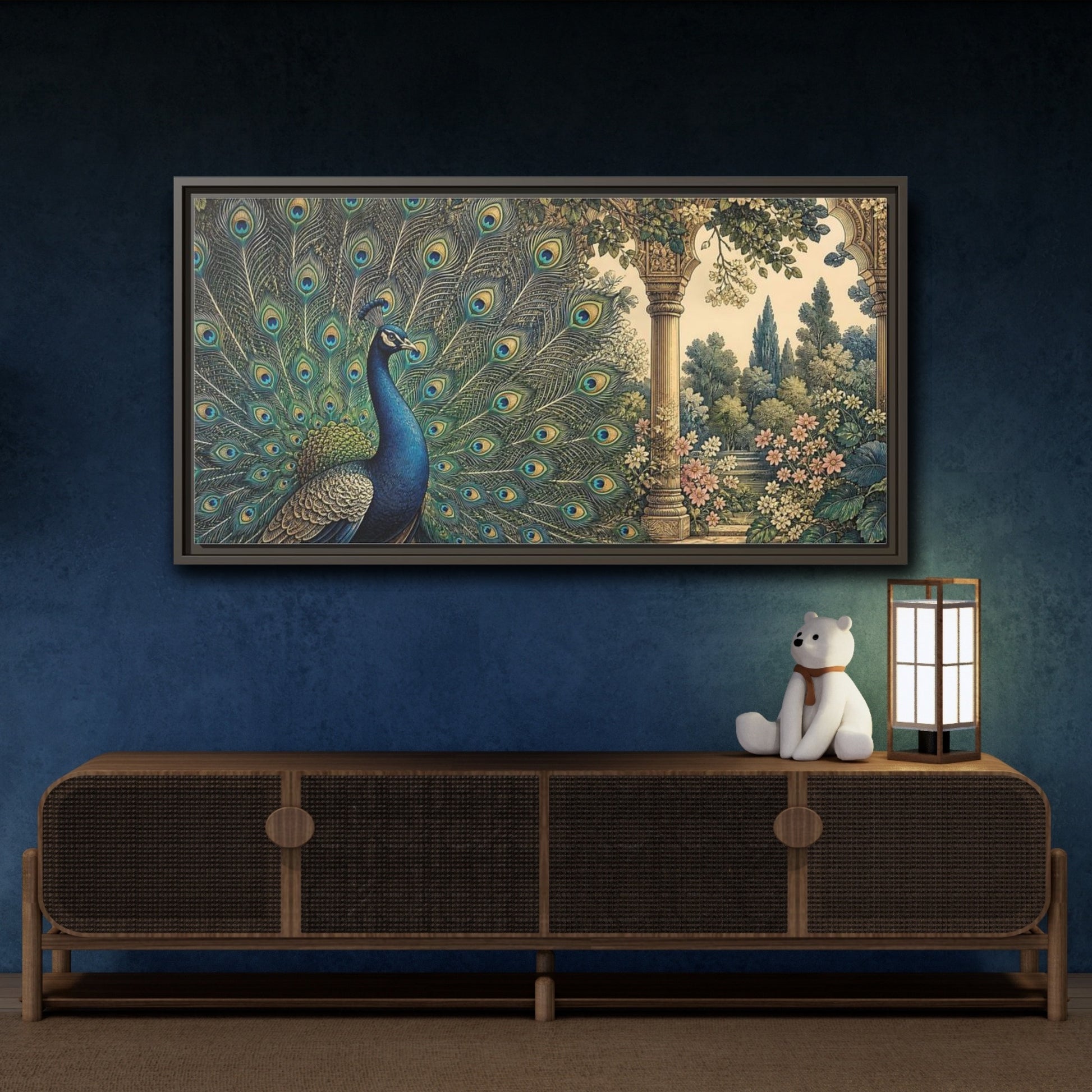 Mockup 4. Animals Peacock Blue Peacock Garden shown as stretched canvas wall art