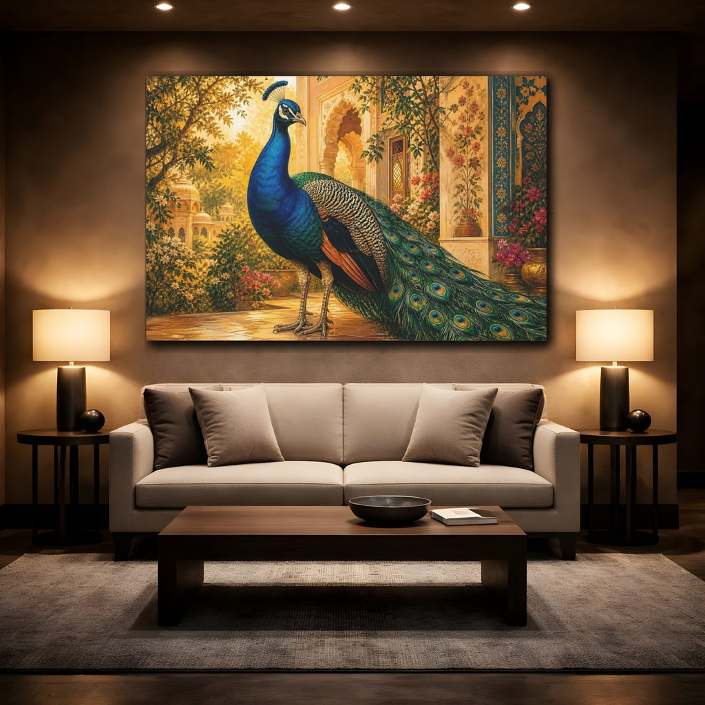 Mockup 2. Animals Peacock Blue Peacock Golden shown as stretched canvas wall art
