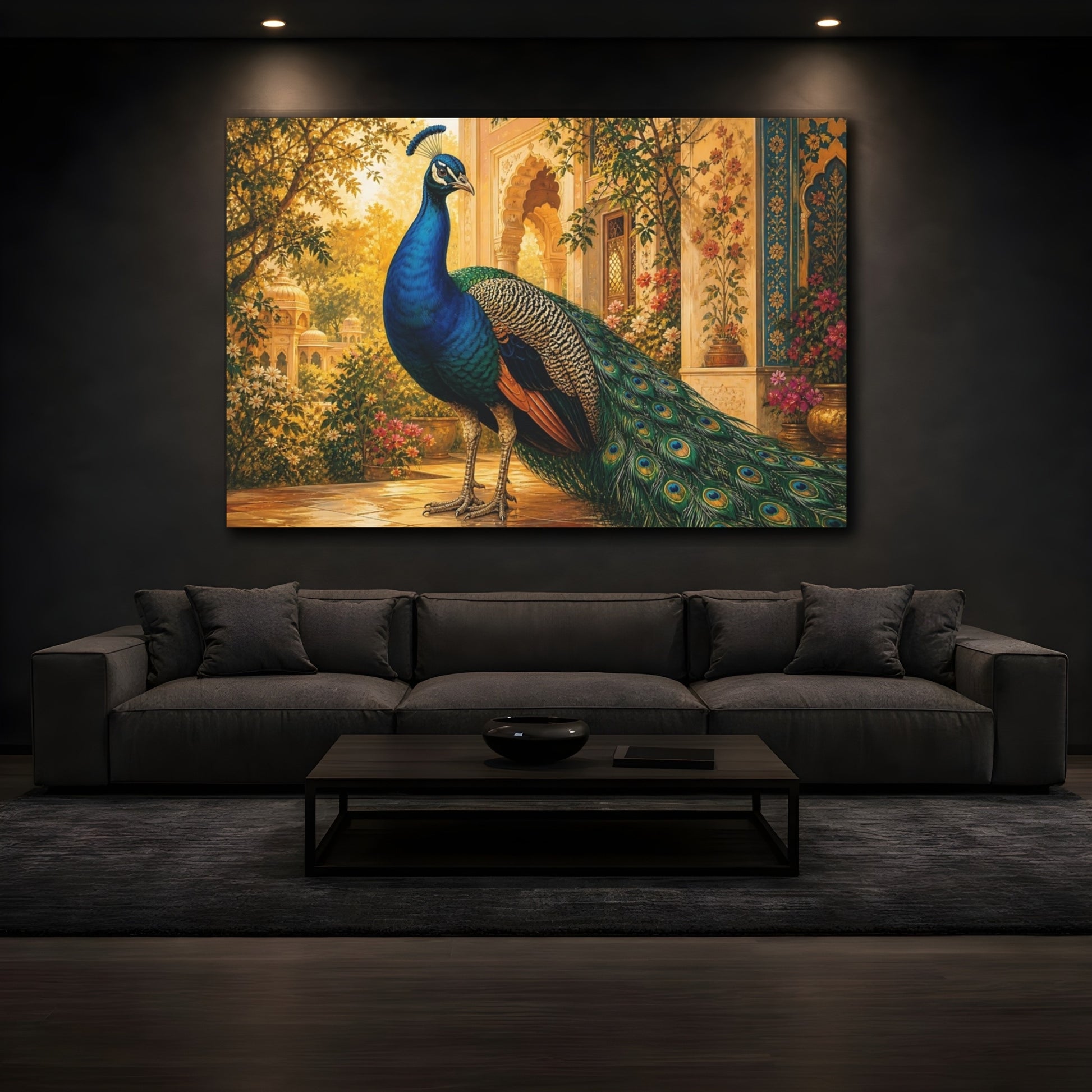 Mockup 3. Animals Peacock Blue Peacock Golden shown as stretched canvas wall art