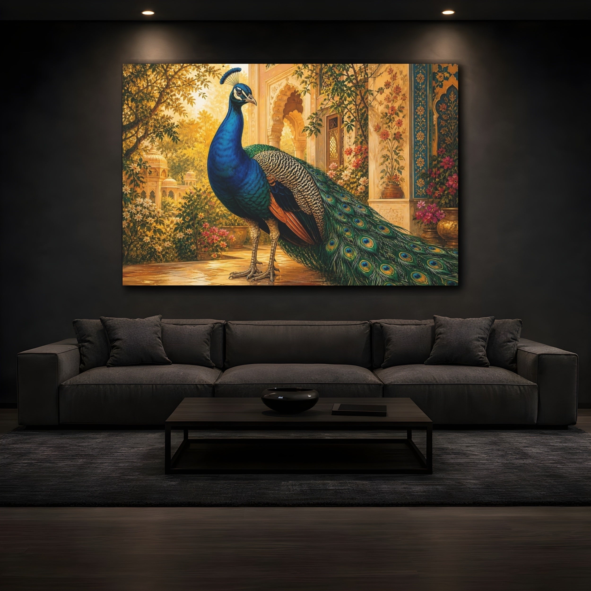 Mockup 3. Animals Peacock Blue Peacock Golden shown as stretched canvas wall art