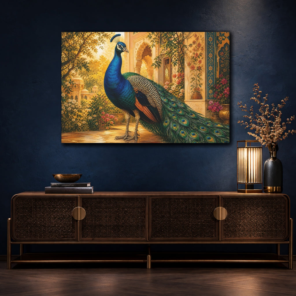 Mockup 4. Animals Peacock Blue Peacock Golden shown as stretched canvas wall art