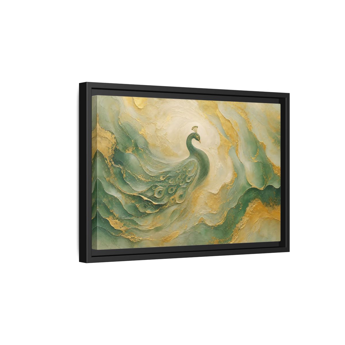 Side Mockup 6. Animals Peacock Emerald Gold Peacock shown as stretched canvas wall art
