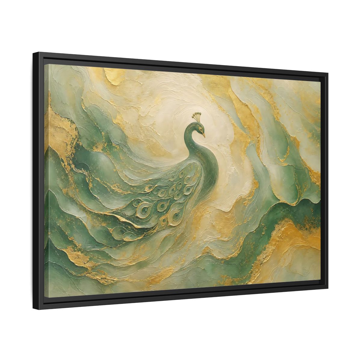 Side Mockup 14. Animals Peacock Emerald Gold Peacock shown as stretched canvas wall art