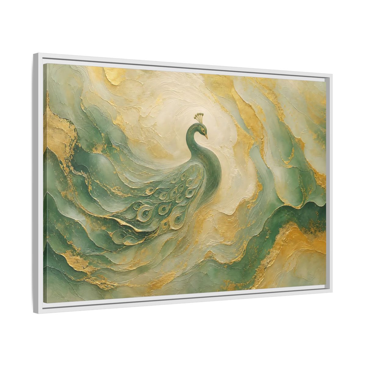 Side Mockup 9. Animals Peacock Emerald Gold Peacock shown as stretched canvas wall art