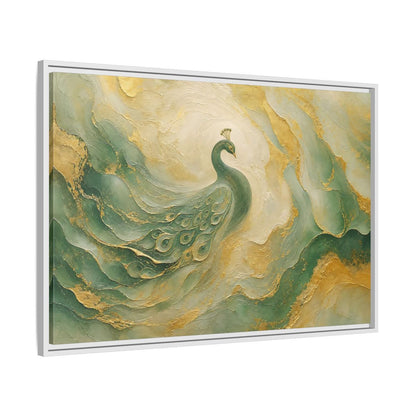 Side Mockup 9. Animals Peacock Emerald Gold Peacock shown as stretched canvas wall art