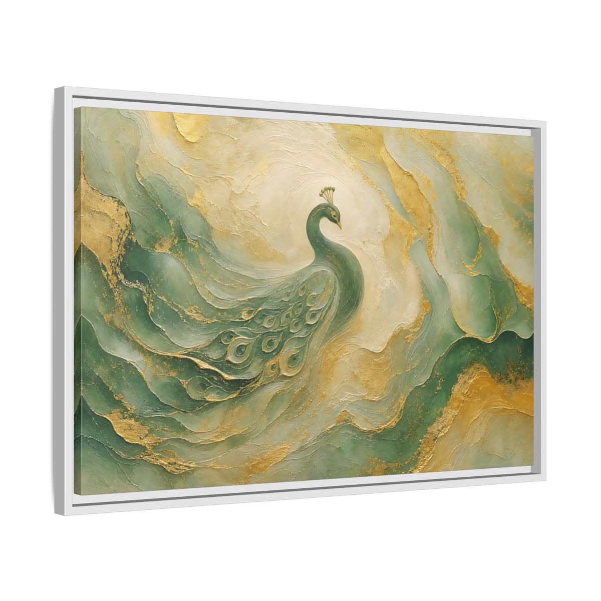 Side Mockup 10. Animals Peacock Emerald Gold Peacock shown as stretched canvas wall art