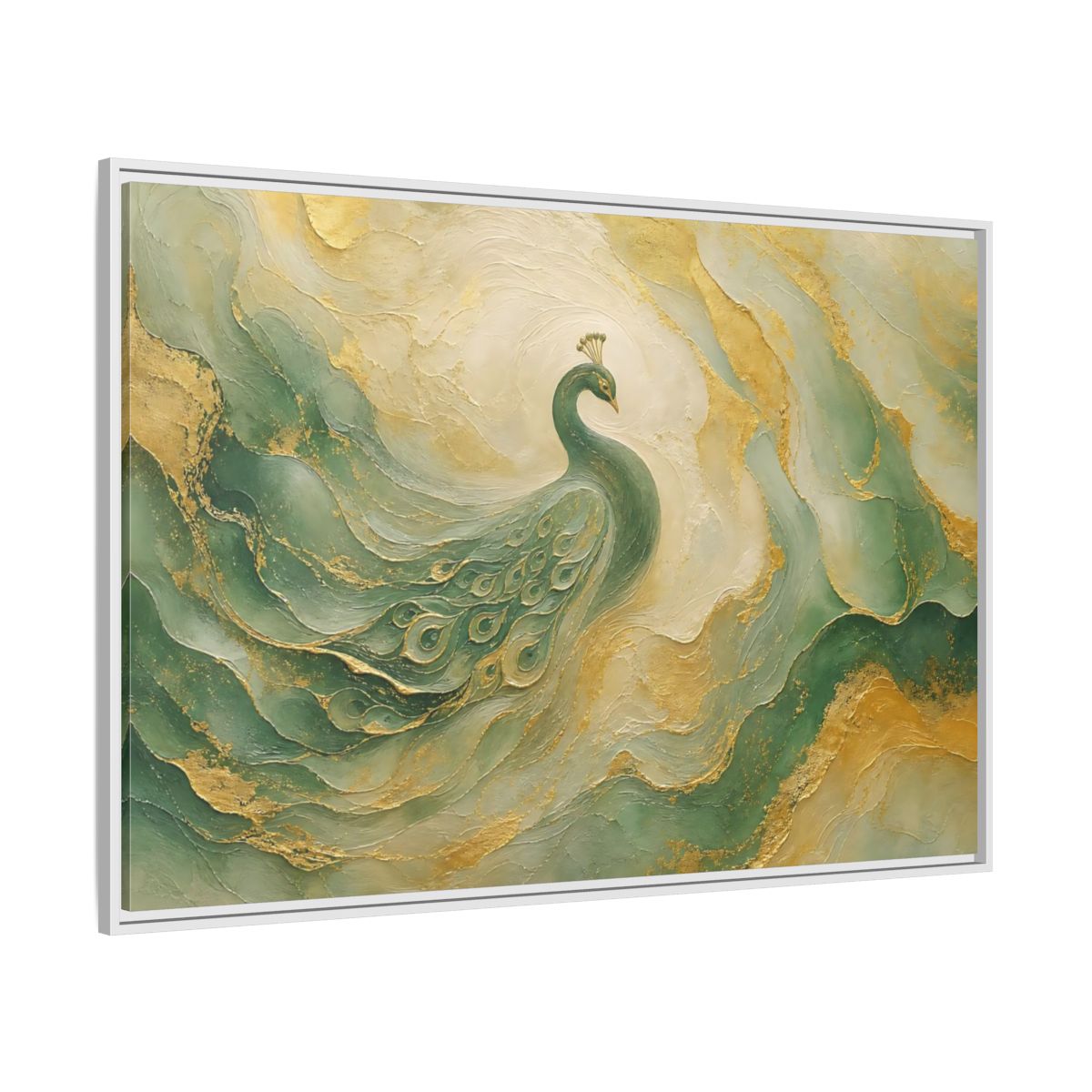 Side Mockup 7. Animals Peacock Emerald Gold Peacock shown as stretched canvas wall art