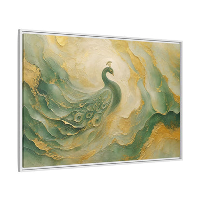 Side Mockup 7. Animals Peacock Emerald Gold Peacock shown as stretched canvas wall art