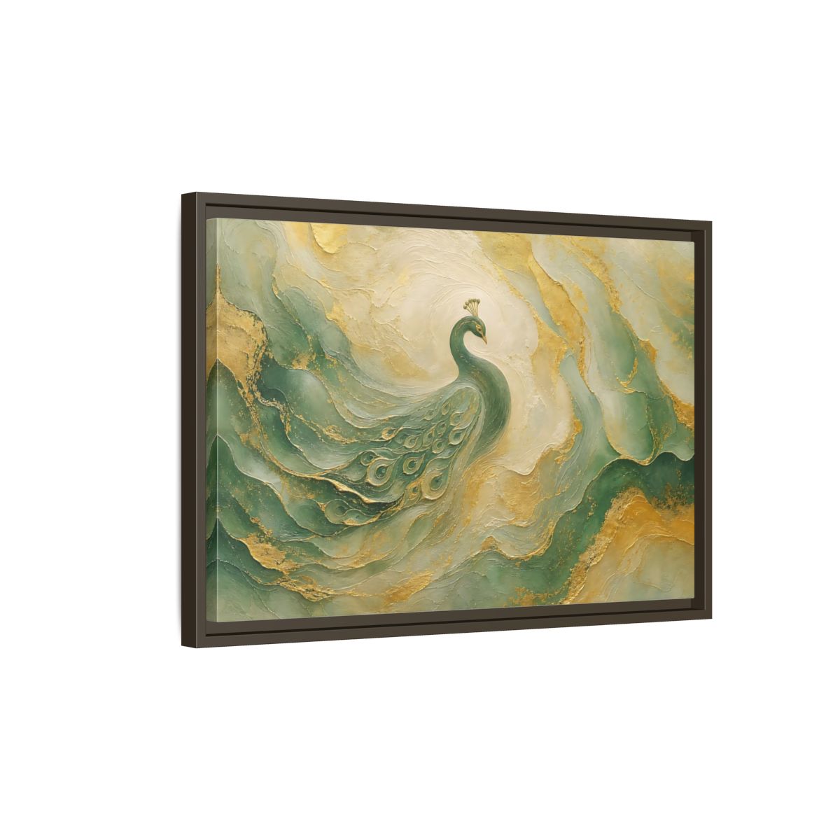 Side Mockup 2. Animals Peacock Emerald Gold Peacock shown as stretched canvas wall art