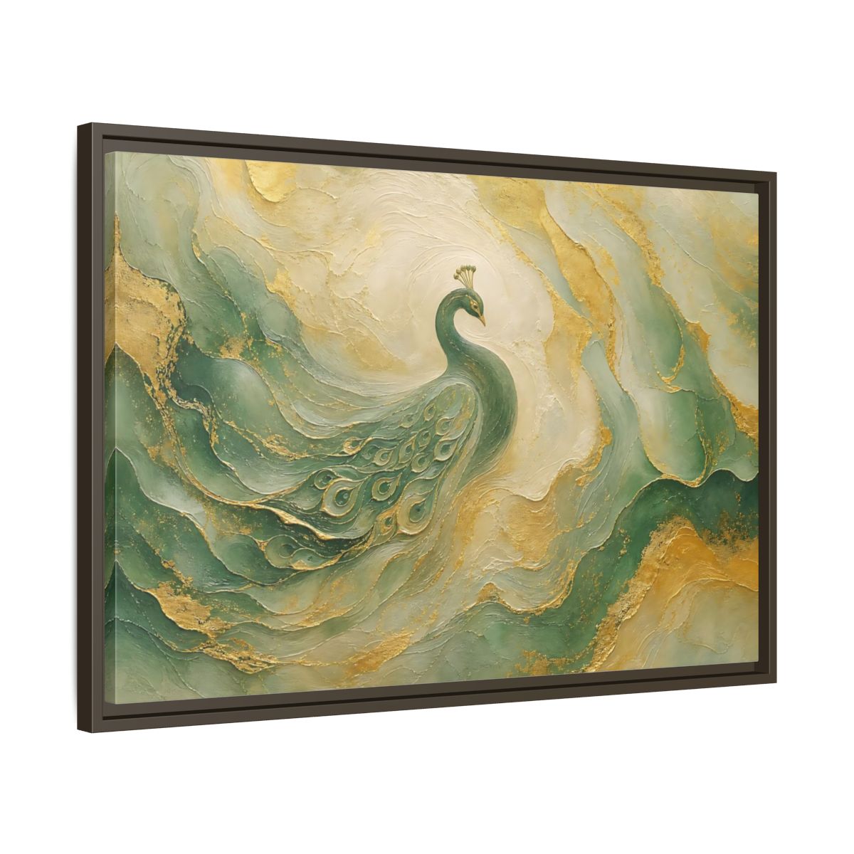 Side Mockup 11. Animals Peacock Emerald Gold Peacock shown as stretched canvas wall art