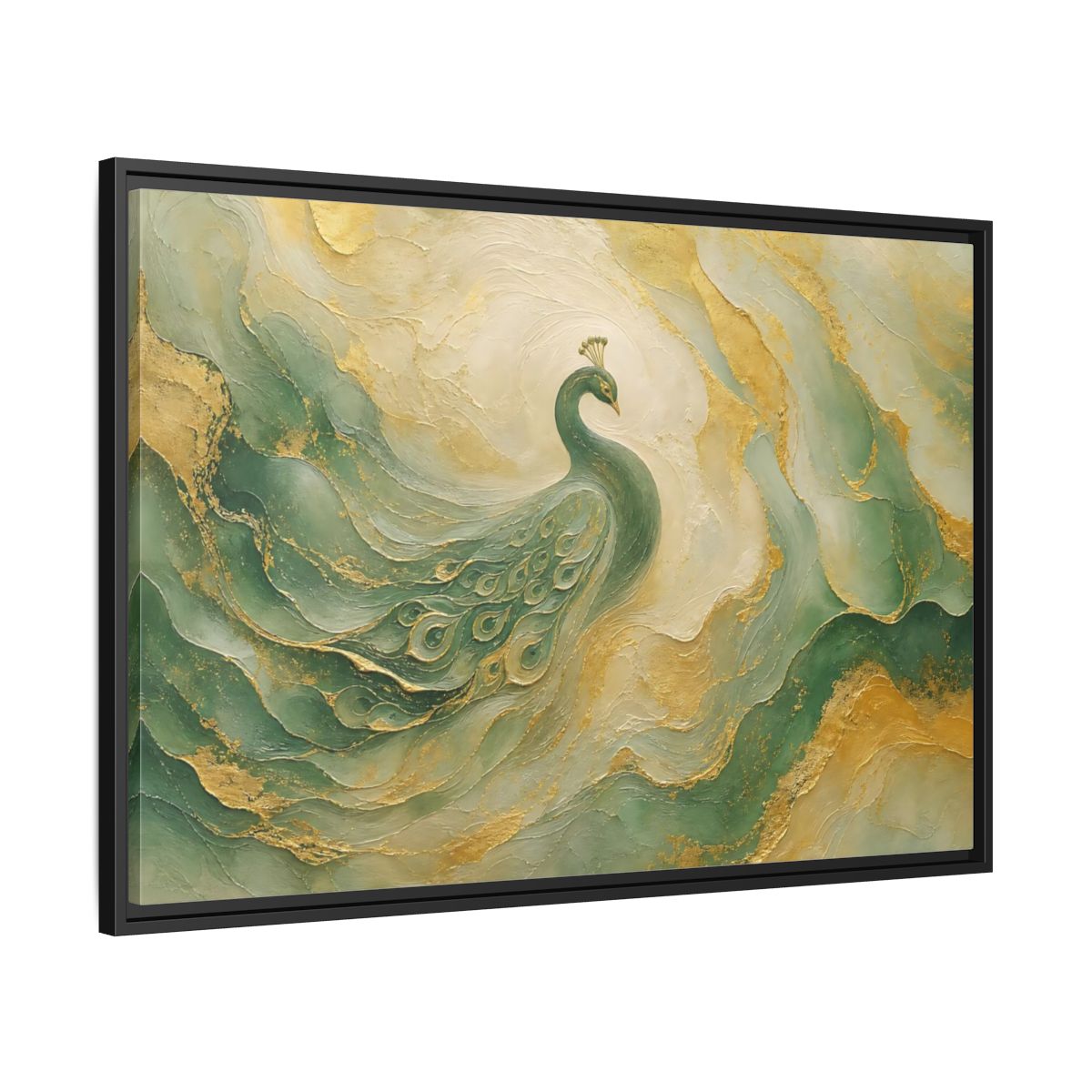 Side Mockup 13. Animals Peacock Emerald Gold Peacock shown as stretched canvas wall art