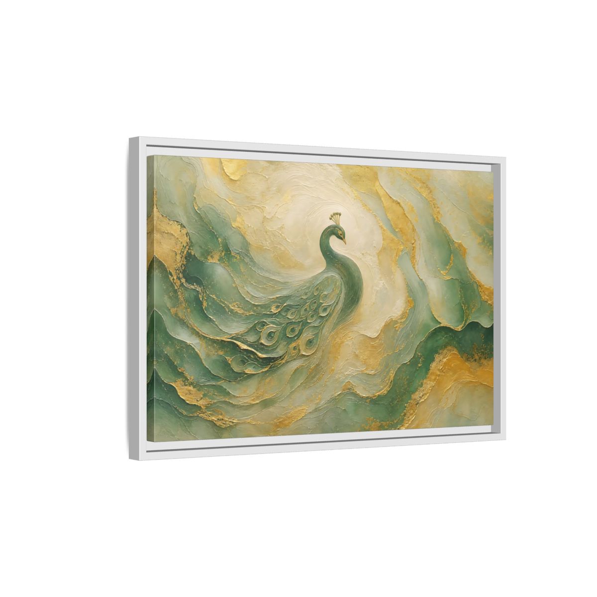 Side Mockup 1. Animals Peacock Emerald Gold Peacock shown as stretched canvas wall art