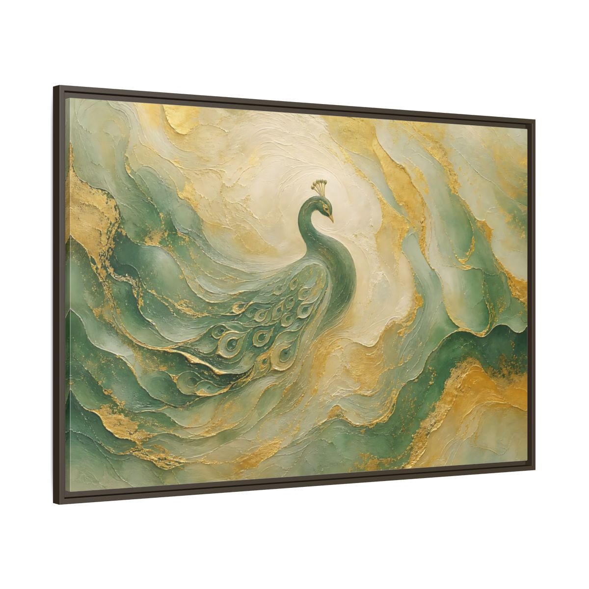 Side Mockup 8. Animals Peacock Emerald Gold Peacock shown as stretched canvas wall art