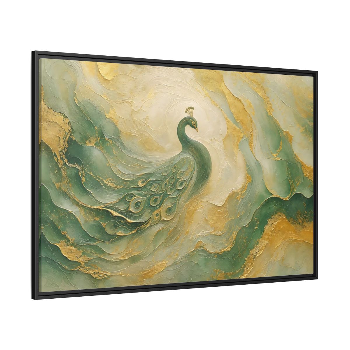 Side Mockup 12. Animals Peacock Emerald Gold Peacock shown as stretched canvas wall art