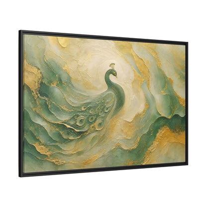 Side Mockup 12. Animals Peacock Emerald Gold Peacock shown as stretched canvas wall art