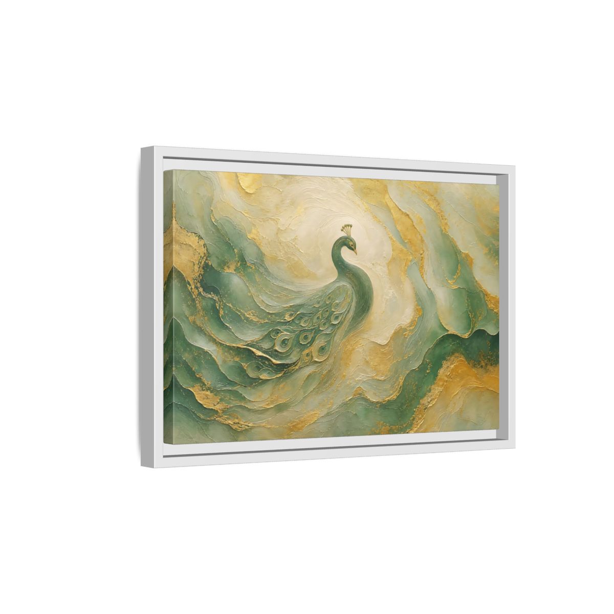 Side Mockup 4. Animals Peacock Emerald Gold Peacock shown as stretched canvas wall art