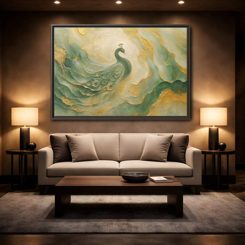 Mockup 2. Animals Peacock Emerald Gold Peacock shown as stretched canvas wall art
