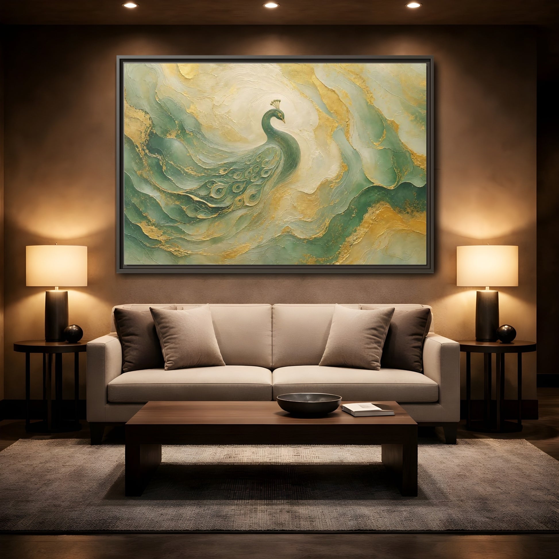 Mockup 2. Animals Peacock Emerald Gold Peacock shown as stretched canvas wall art